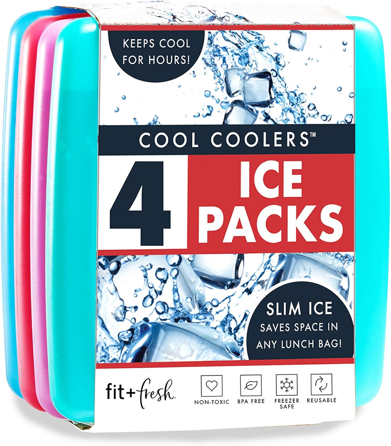  Cool Coolers By Fit & Fresh 4 Pack Slim Ice Packs, Quick Freeze Space Saving Reusable Ice Packs For Lunch Boxes Or Coolers, Multi Colored